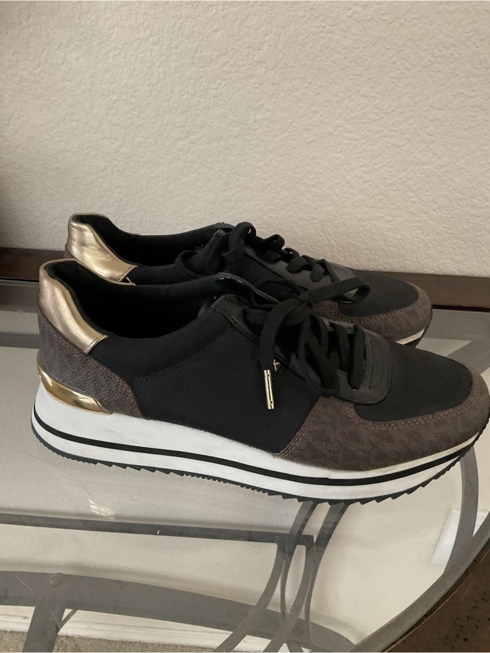 Michael Kors Black and Brown Platform Sneakers with Gold Trim
